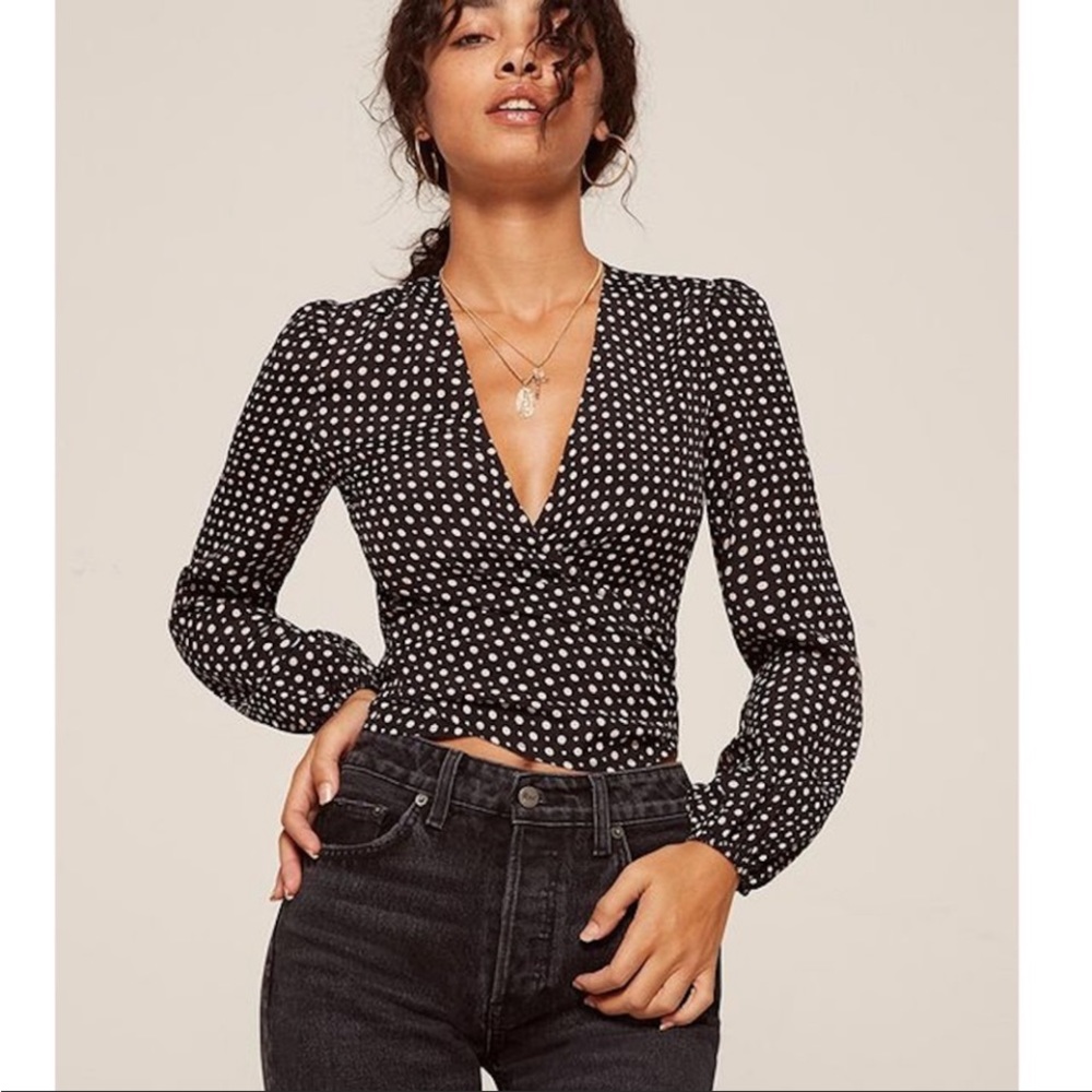 Reformation Black & White Polka Dot Long Sleeve Wrap Top